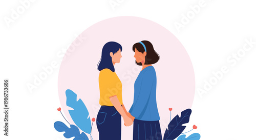 Two young women hold hands and look at each other with affection in a romantic setting decorated with tropical leaves and pink hearts.