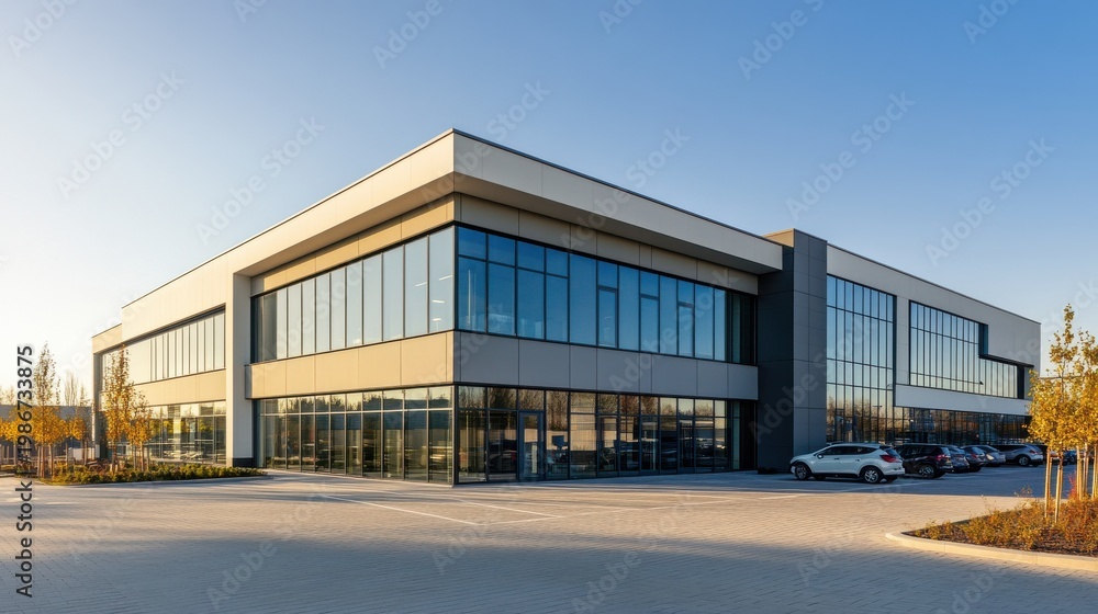 Fototapeta premium Modern office building with glass facade and parking lot at sunset