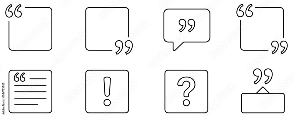 Obraz premium Set of linear icons for text formatting: quote frames, text blocks, question and exclamation marks. Minimalist interface elements. Vector illustration.