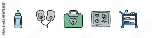 Medical Equipment Icons: Dropper, Defibrillator Pads, First Aid Kit, Monitor, Cart
