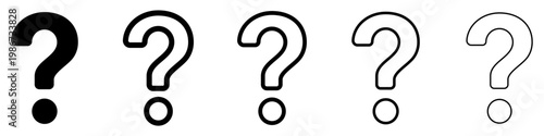 Set of question mark icons with different stroke weights and a filled version. Minimalist symbols for help, query, and unknown information. Vector illustration.
