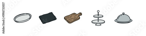Serving and Kitchenware Icons: Plate, Bowl, Cutting Board, Tiered Stand, Cloche