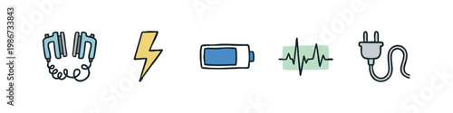 Medical and Electrical Icons: Defibrillator, Lightning Bolt, Battery, EKG, Plug