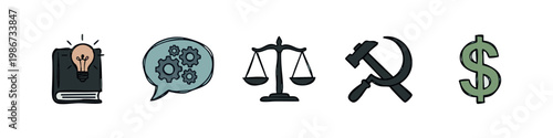 Abstract Concepts Icons: Book, Gears, Scales, Hammer and Sickle, Dollar Sign