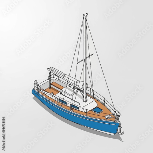 A blue and white sailboat on water.