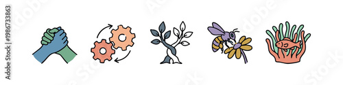 Set of 5 icons: handshake, gears, tree, bee on flower, fish in coral