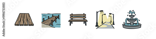 Set of 5 icons: wooden planks, pier, bench, streetlights, fountain