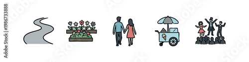 Set of 5 icons: winding road, flower bed, couple holding hands, ice cream cart, audience