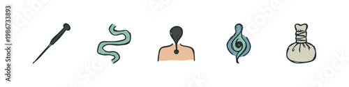 Set of 5 icons: acupuncture needle, snake, person with dot, abstract shape, herbal pouch