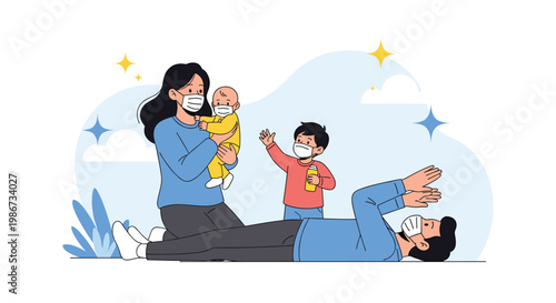 Happy family with small children wearing protective face masks to stay safe from illness while playing together at home or outdoors.