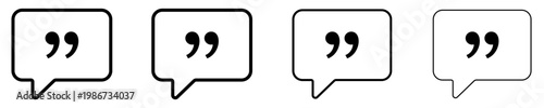 Set of quote bubble icons with different stroke weights and filled marks. Minimalist templates for testimonials, comments, and direct speech. Vector illustration.