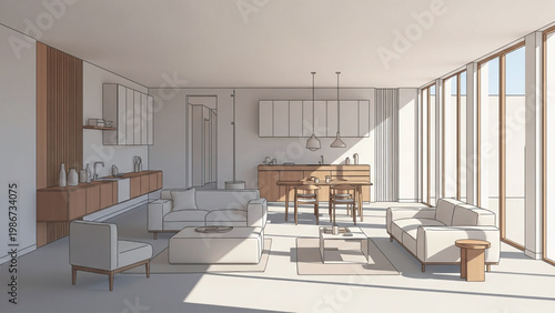 Architectural sketch of a modern living room with a dining area and kitchen in the background with large windows.