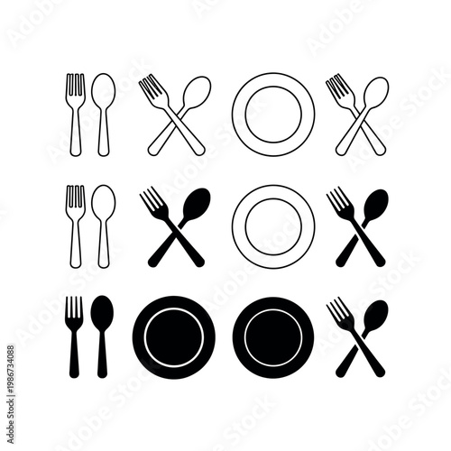 Fork spoon icons set eatery symbol kitchen utensil vector illustration tableware serving sign crossed pictogram menu button design elements