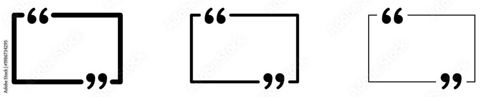 Obraz premium Set of linear quote frame icons with different stroke weights. Minimalist templates for testimonials and text blocks. Vector illustration.