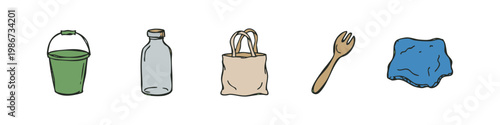 Eco-friendly daily items: bucket, bottle, tote bag, fork, cloth.