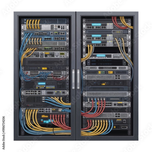 Interior of a data center with organized server racks and network cables.