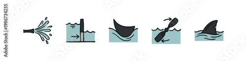Water-related icons: water spray, water level gauge, fin, propeller, shark fin.