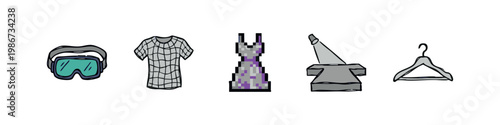Clothing and accessories: goggles, patterned shirt, pixel dress, spotlight, hanger.