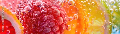 Artistic close-up shot of a brightly colored dessert, highlighting the textures and details, creating a visually appealing and appetizing image