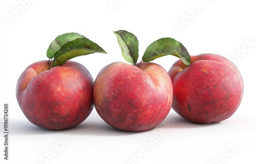 Three Fresh Nectarines: Three ripe, juicy nectarines with green leaves sit together, showcasing their vibrant red and yellow skin, ready to be enjoyed.