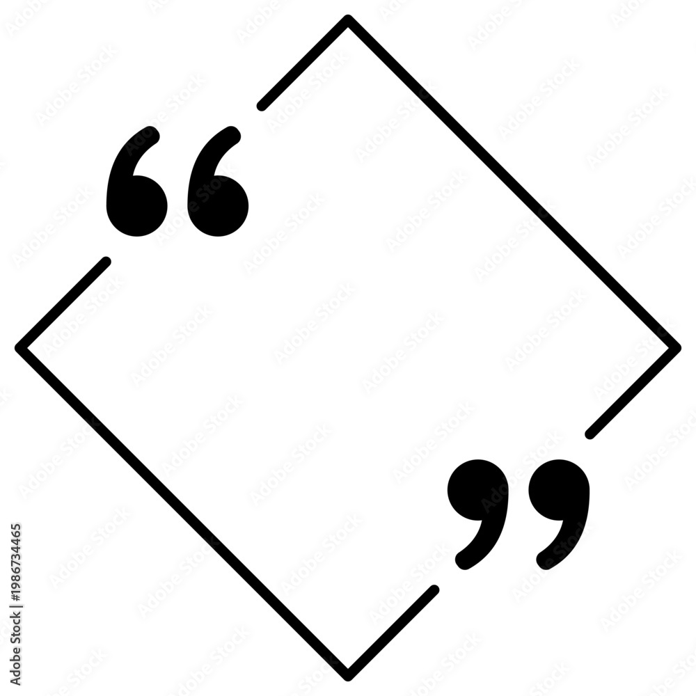 Obraz premium Graphic diamond-shaped quote frame icon with filled marks. Minimalist template for testimonials, statuses, and direct speech. Vector illustration.