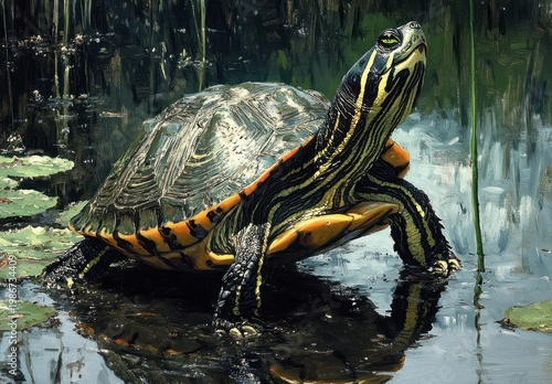 A Turtle in its Natural Habitat: A striking turtle with vibrant stripes basks on a lily pad in tranquil water, surrounded by lush aquatic plants, showcasing the beauty of its wetland environment.