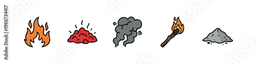 Hand-drawn icons representing fire, smoke, and embers