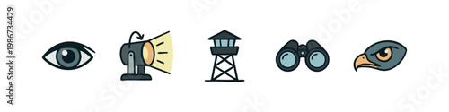Icons related to observation and vigilance: eye, spotlight, tower, binoculars, bird