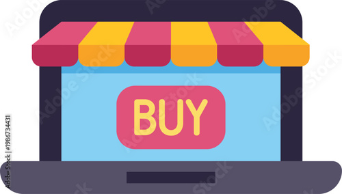 Laptop showing a store awning and buy button, representing e commerce and online purchasing