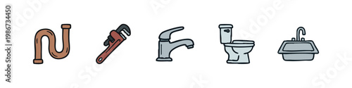 Plumbing icons: pipe, wrench, faucet, toilet, sink