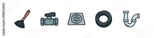 Plumbing and drainage icons: plunger, valve, drain, tire, pipe bend