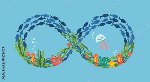 Oceanic Infinity Symbol with Marine Life and Coral Reef Elements.