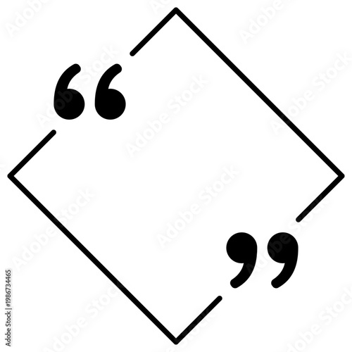 Graphic diamond-shaped quote frame icon with filled marks. Minimalist template for testimonials, statuses, and direct speech. Vector illustration.