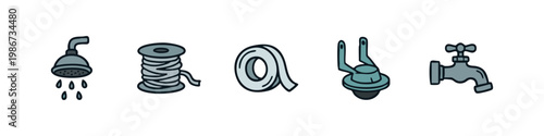 Bathroom and plumbing icons: shower, spool of thread, tape, fitting, faucet