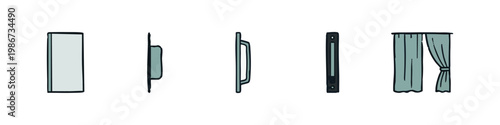 Window and curtain icons: rectangle, frame, handle, blind, curtain