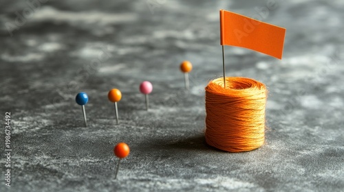 Orange spool of thread with a flag marking a target