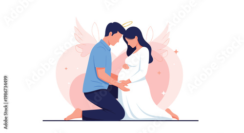 Loving couple expecting a baby in a spiritual illustration with angel wings and a heart shape in the background for parenthood.