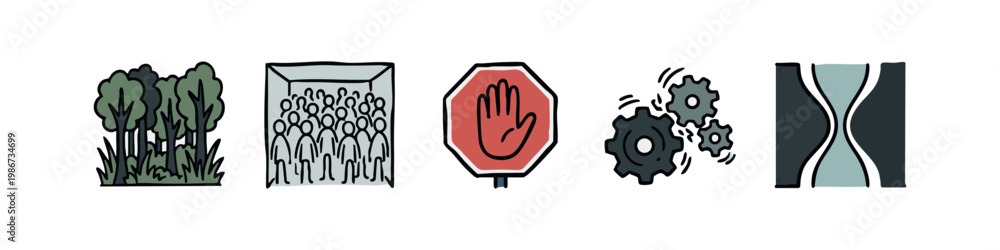Obraz premium Vector graphic icons: forest, confinement, stop sign, gears, hourglass