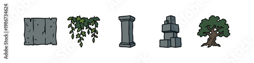 Nature and Architectural Icons: Stone Wall, Vines, Pillar, Cubes, Tree