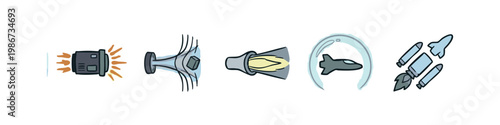 Vector graphic icons: propulsion, airflow, jet, airplane, rockets