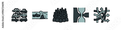 Vector graphic icons: traffic jam, landscape, crowd, bottleneck, crossroads