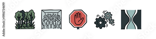 Vector graphic icons: forest, confinement, stop sign, gears, hourglass