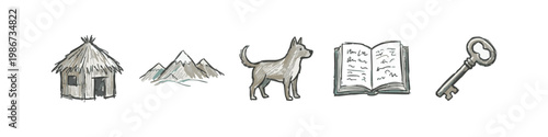 Doodle icons for a primitive dwelling, mountains, a dog, and knowledge.
