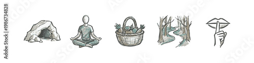 Doodle icons for nature, meditation, and a secret.