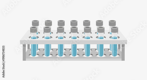 Test Tube Rack with Blue Liquid Samples for Scientific Research and Laboratory Experiments.