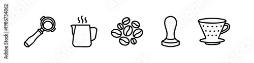 Coffee brewing equipment and beans, line art style