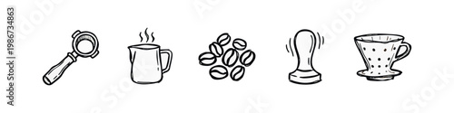 Coffee brewing equipment and beans, hand-drawn style