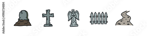 Graveyard and cemetery elements, hand-drawn style