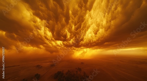 Ominous Sky: A dramatic sky filled with towering, textured storm clouds glows with an intense golden-orange hue, casting an eerie light over the landscape below.