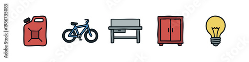 Doodle Icons Set: Gas Can, Bicycle, Desk, Wardrobe, Lightbulb
